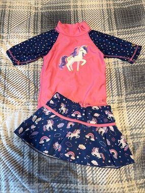 Girls Pink & Navy Unicorn Rash Guard Swim Set UV Skinz UPF 50+
